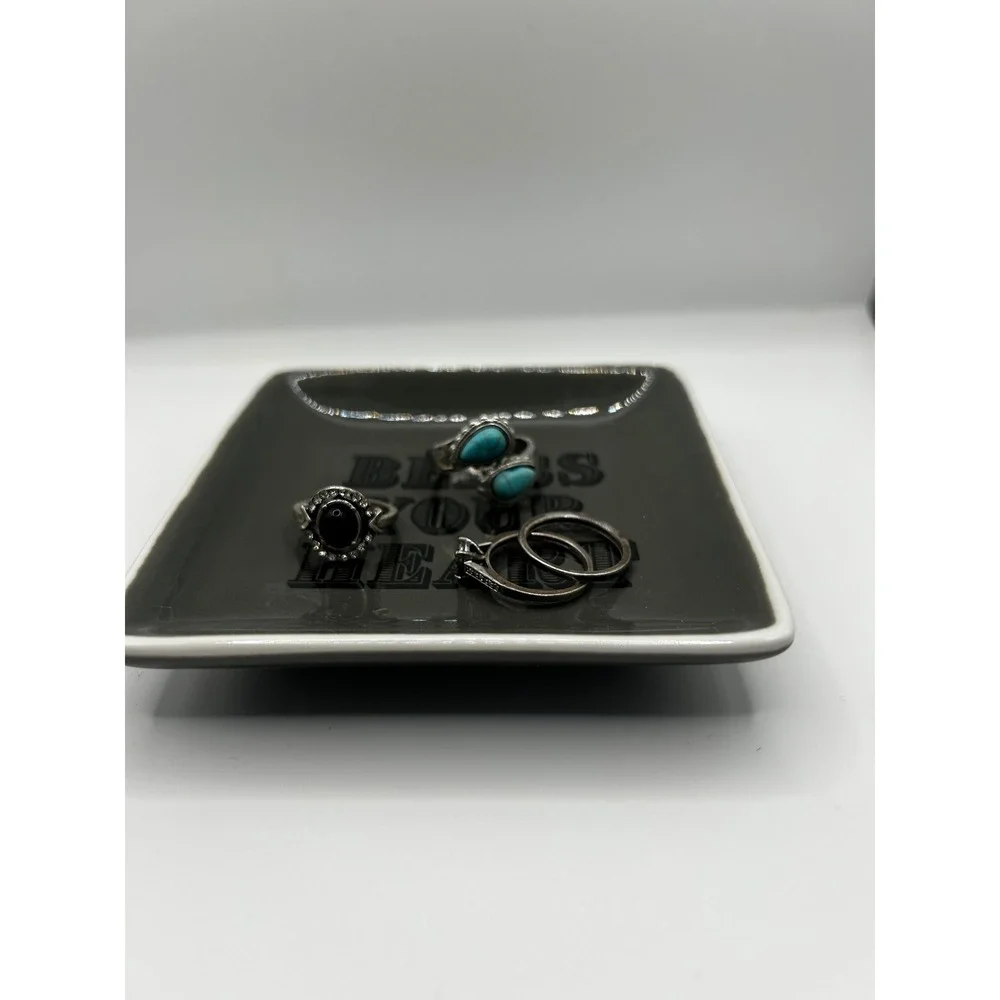 Bless Your Heart Ceramic Trinket Dish Grey Square Jewelry Tray Valet Bowl